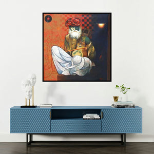 'Old Musician (Echoes of Melancholy)' painting by Ram Onkar shown on a wall in a furnished room.