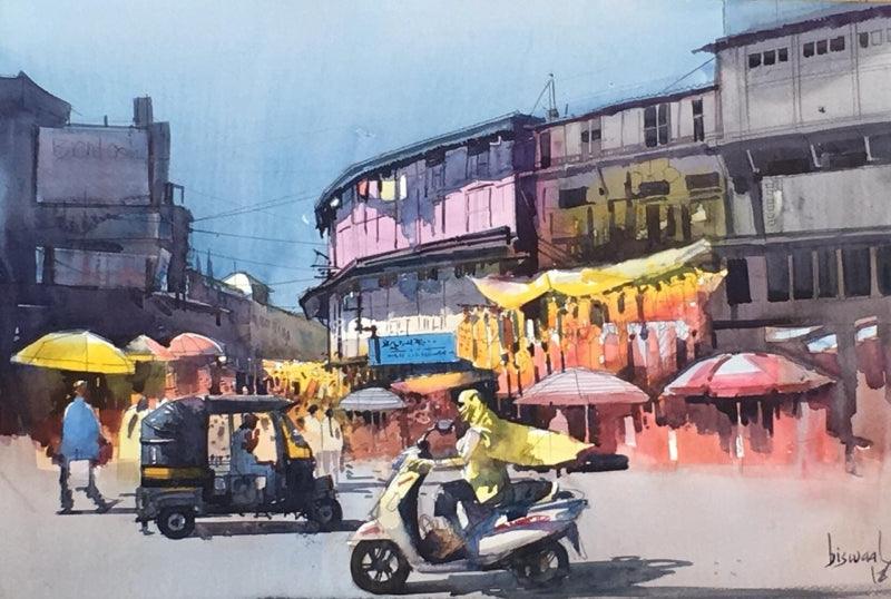 Cityscape watercolor painting titled 'Old Puna', 14x22 inches, by artist Bijay Biswaal on Paper