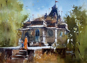 Old Temple (Sacred Vista: A Village Temple) by Sanjay Dhawale, Original Watercolor Cityscape Painting on Handmade Paper, Small Horizontal Wall Art
