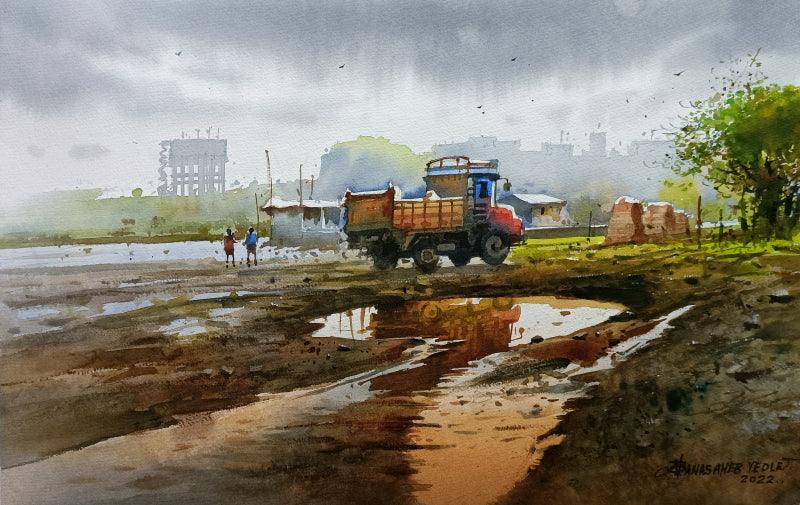 Transportation watercolor painting titled 'Old Truck', 14x20 inches, by artist NanaSaheb Yeole on Paper
