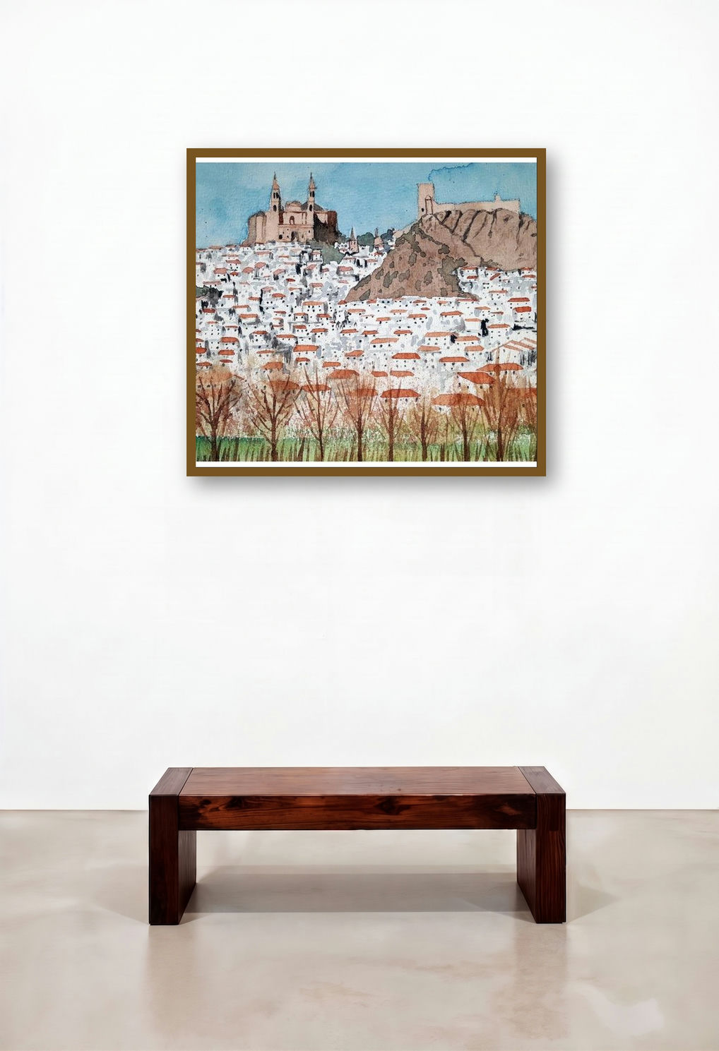 Olvera Spain (Whitewashed Village) by artist Arunava Ray displayed in a Japandi Hotel Suite