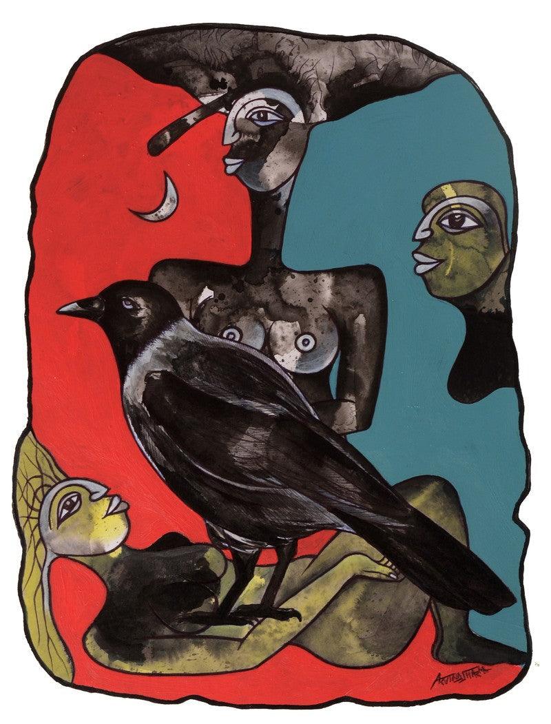 Figurative acrylic ink painting titled 'Ominous 2', 16x12 inches, by artist Arvind Sharma on Paper