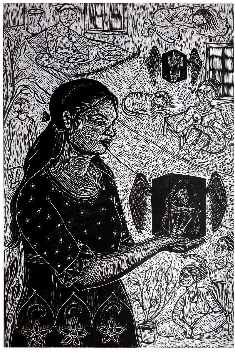 Figurative printmaking titled 'On The Wings', 48x32 inches, by artist Nandini Pantawane on Paper