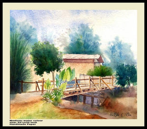 One A Wood Bridge Very Ricsy (Rustic Crossing: A Rural Retreat) by Biki Das, Original Watercolor Landscape Painting on Handmade Paper, Medium Horizontal Wall Art