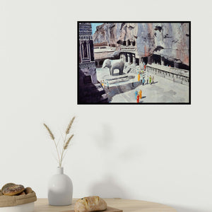 Rahul Salve's 'One Fine Day At The Ellora Caves I (The Majestic Kailasa)' painting visualized above a sofa in a contemporary room.