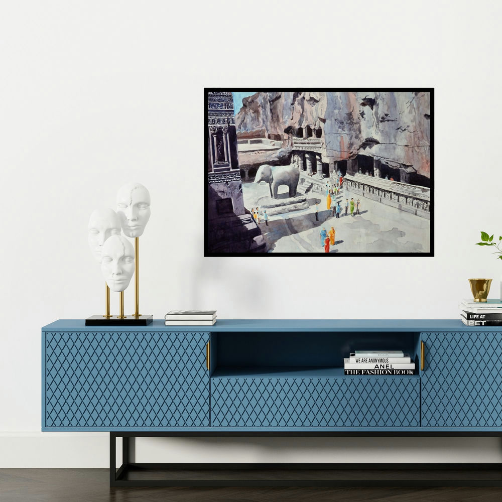 'One Fine Day At The Ellora Caves I (The Majestic Kailasa)' painting by Rahul Salve shown on a wall in a furnished room.