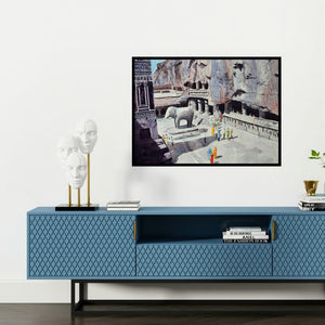 'One Fine Day At The Ellora Caves I (The Majestic Kailasa)' painting by Rahul Salve shown on a wall in a furnished room.