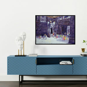 'One Fine Day At The Ellora Caves Ii (Passage to Divinity)' painting by Rahul Salve shown on a wall in a furnished room.