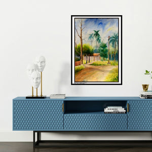 'One Of House And 1 Tarning Road' painting by Biki Das shown on a wall in a furnished room.