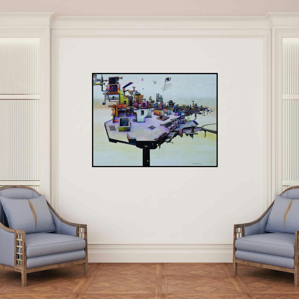 'One Roof Of One World 4 (The Watcher's Domain)' painting by Satya Vijay Singh shown on a wall in a furnished room.
