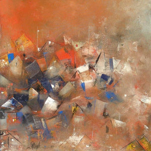 Orange City Abstarct by M Singh, Original Acrylic Abstract Painting on Canvas, Small Square Wall Art