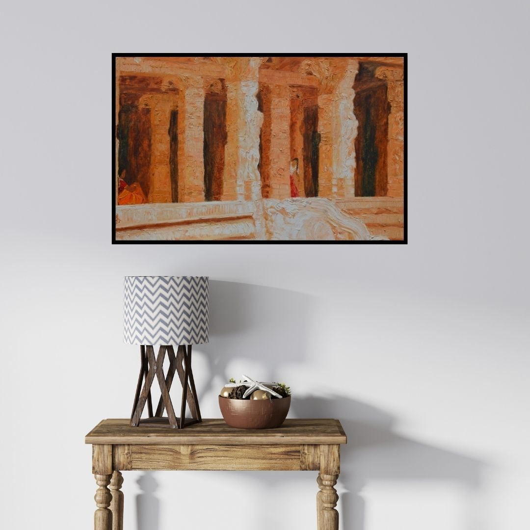 In-situ view of Jaya Javeri's 'Orange Temple' painting in a room