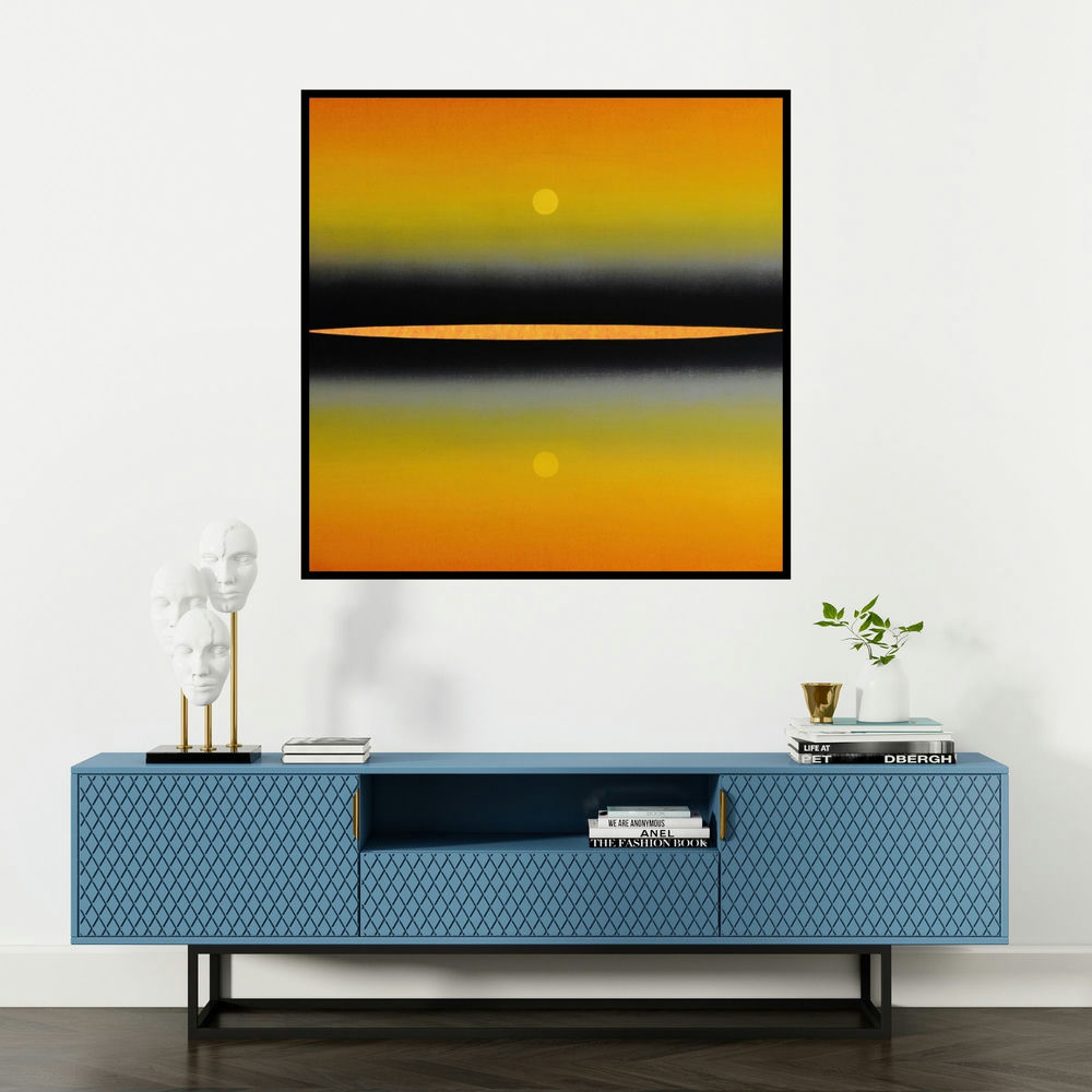 'Origin 15 (Celestial Divide)' painting by Prashant Dhadve shown on a wall in a furnished room.