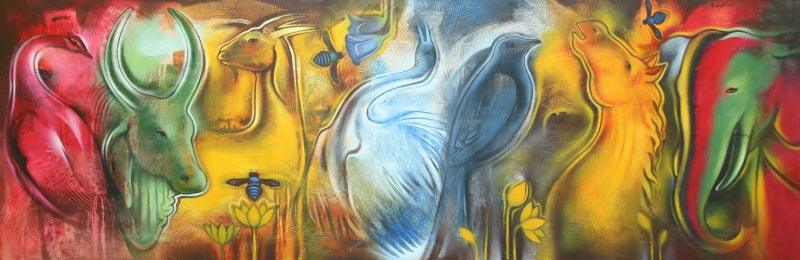 Animals acrylic painting titled 'Origin Of Swara', 30x90 inches, by artist Balaji Ubale on Canvas