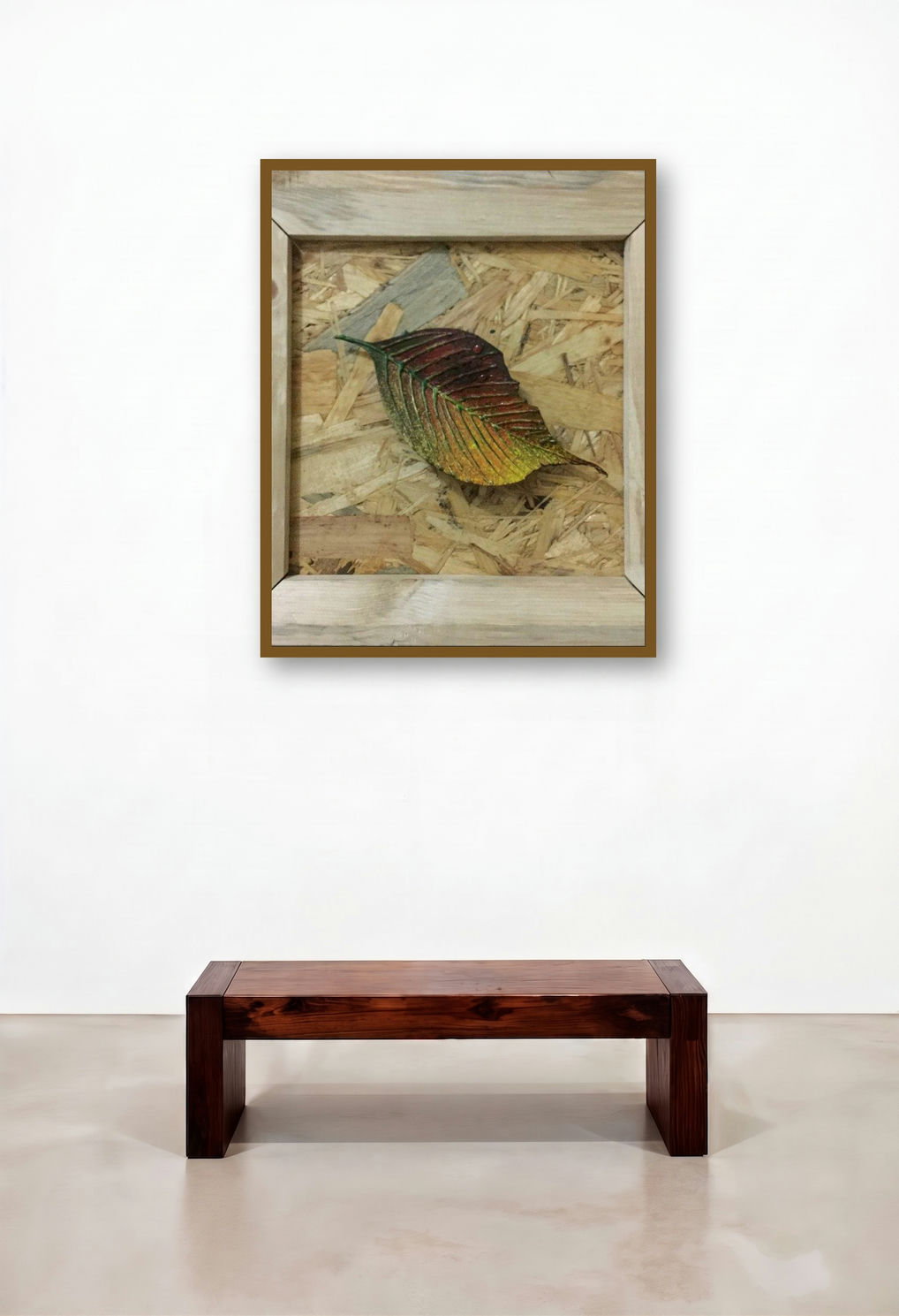 Ornamental Autumn 2 (Transitioning Leaf in Wooden Frame - Detailed View) by artist Pradip Tupe displayed in a Luxury Penthouse