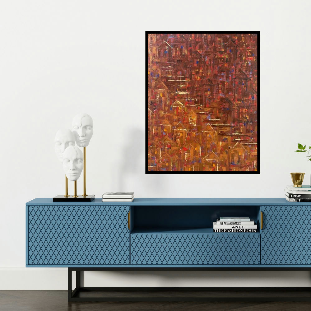 'On The Other Side' painting by Karishma Wadhwa shown on a wall in a furnished room.