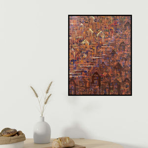 Karishma Wadhwa's 'On The Other Side 1' painting visualized above a sofa in a contemporary room.