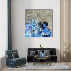 Preview of 'On The Other Side Of The River Bank (Dragonfly Dreams)' Painting by Bhavana Sonawane shown on a wall in a furnished room.