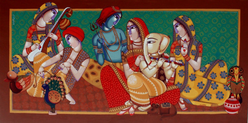 'Our Family' religious acrylic painting by artist Sekhar Roy, 48x96 inch, on canvas