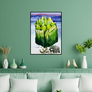 Preview of 'Our Piece Of Land (The Weight of the World)' Painting by Sunil Lohar shown on a wall in a furnished room.