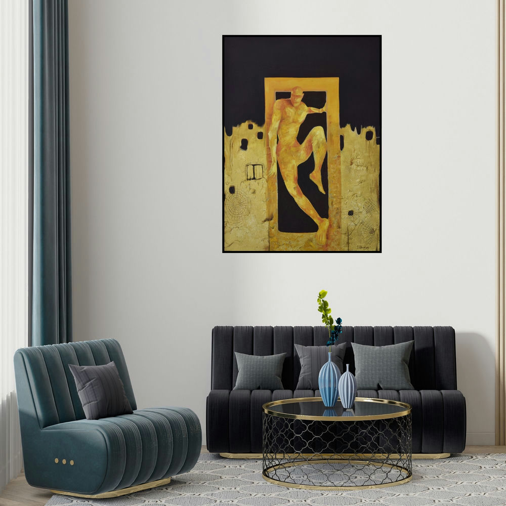 'Out Of The Box (Breaking Free)' painting by Durshit Bhaskar shown on a wall in a furnished room.