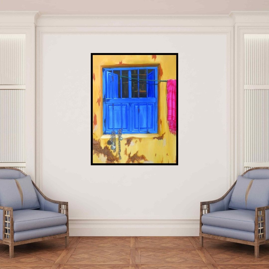 In-situ view of Divya Chinni's 'Outdated (Glimpse of Life)' painting in a room