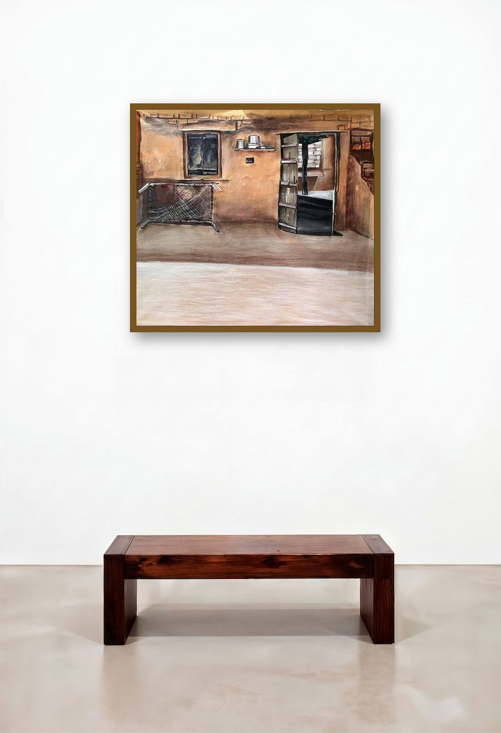 Outside Of Door (A Glimpse into the Past) by artist Meena Pathak displayed in a Minimalist Bedroom