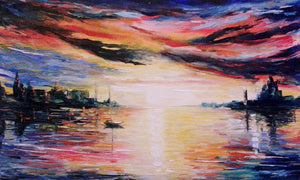 Overcast Sky (Twilight City Glow) by Kiran Bableshwar, Print Oil Impressionist Painting on Canvas, Small Horizontal Wall Art