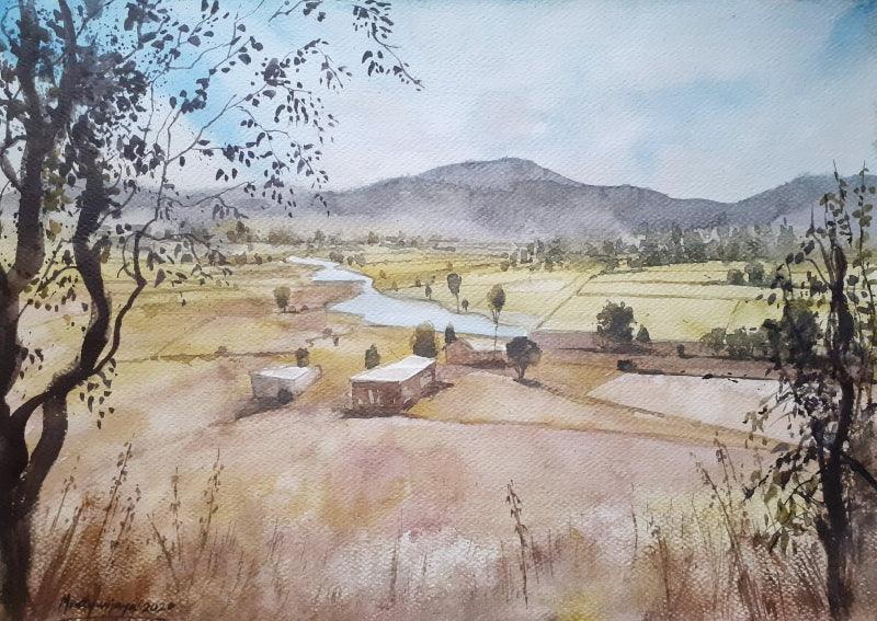 Landscape watercolor painting titled 'Overlooking the countryside', 16x12 inches, by artist Mrutyunjaya Dash on Paper