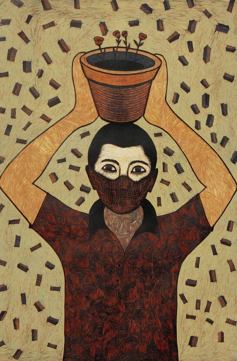 Figurative printmaking titled 'Oxygen Seller', 36x24 inches, by artist Neeraj Khandka on Paper