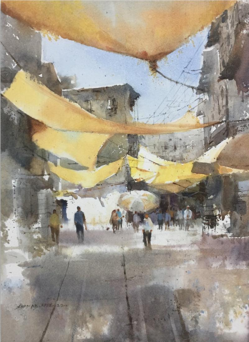 Cityscape watercolor painting titled 'Paal', 15x11 inches, by artist Shadab Kazi on Paper