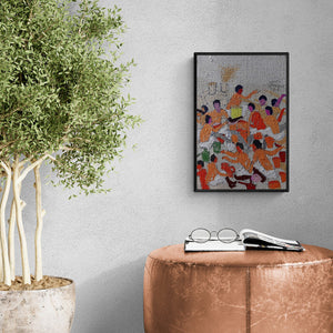 Preview of 'Page (Gathering)' Painting by Kumar Ranjan shown on a wall in a furnished room.