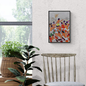 Kumar Ranjan's painting 'Page (Gathering)' displayed in a modern living room setting