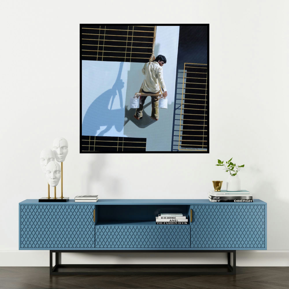 'Painter' painting by Vinayak Takalkar shown on a wall in a furnished room.
