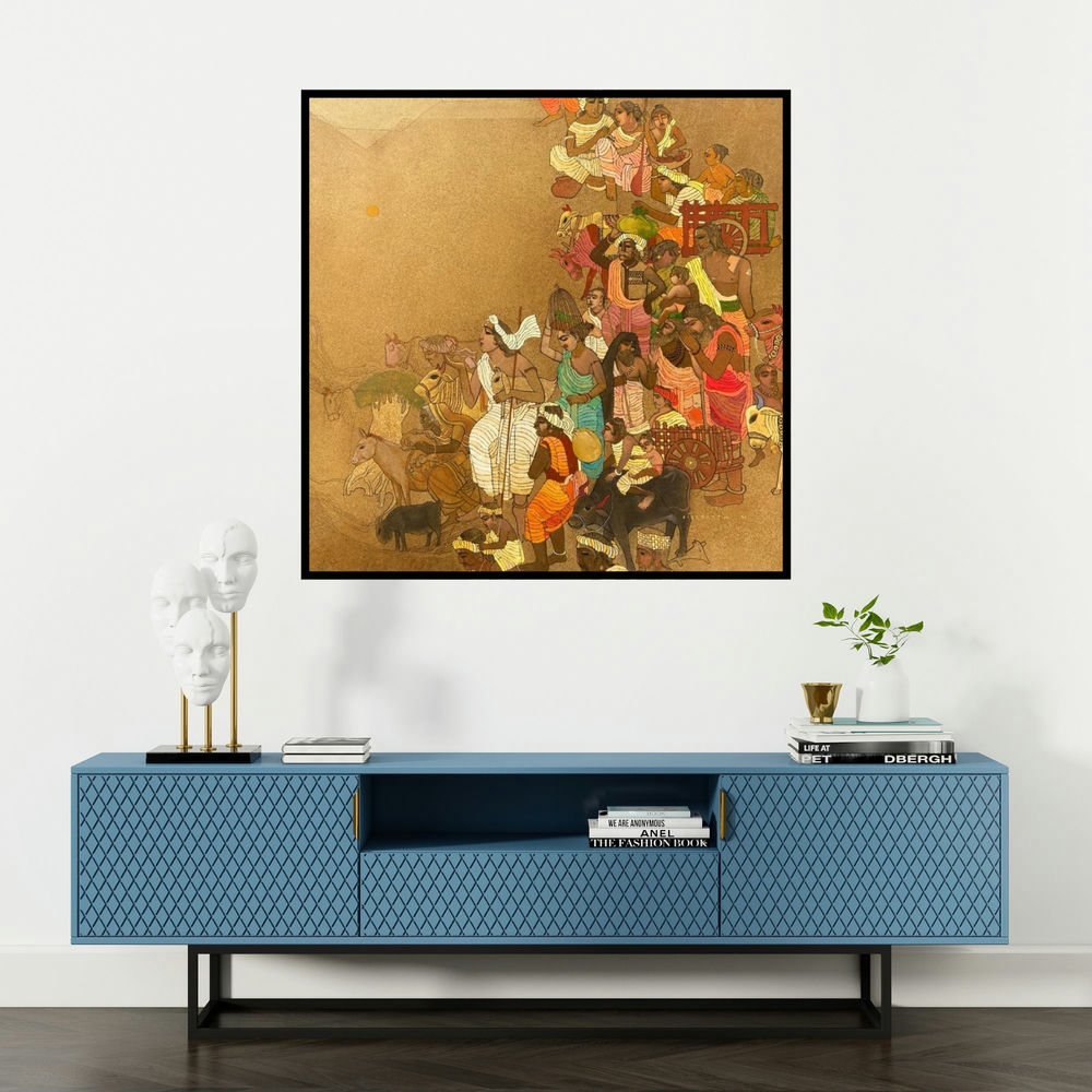 'Banjara' painting by Siddharth Shingade shown on a wall in a furnished room.