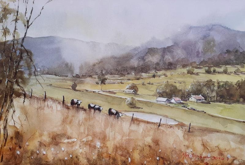 Landscape watercolor painting titled 'Panaromic pastures', 15x11 inches, by artist Mrutyunjaya Dash on Paper