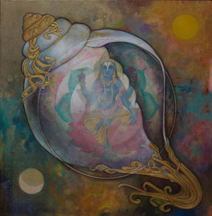 Religious acrylic painting titled 'Panchajanyam', 36x36 inches, by artist N P Rajeshwarr on Canvas