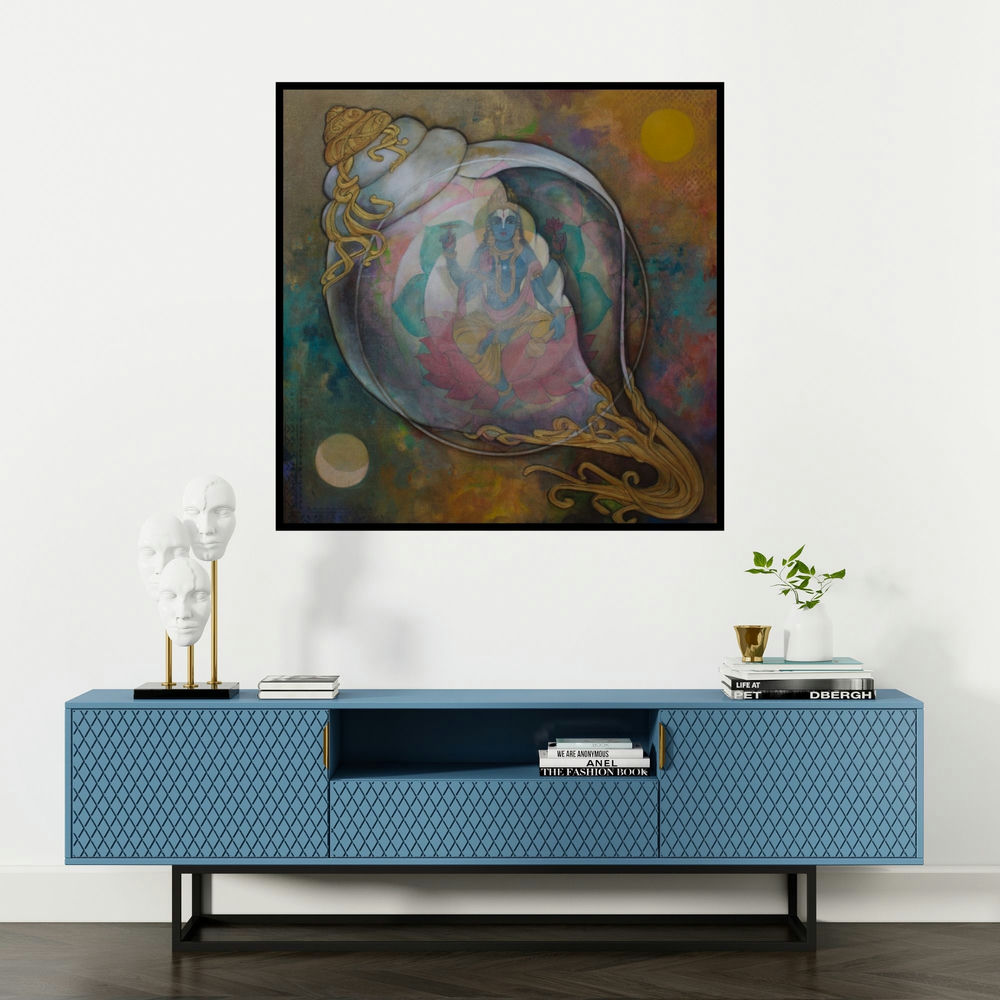 'Panchajanyam (Vishnu Conch Revelation)' painting by N P Rajeshwarr shown on a wall in a furnished room.