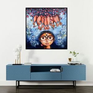'Panchatatava (Beneath the Canopy of Blooms)' painting by Sharmi Dey shown on a wall in a furnished room.