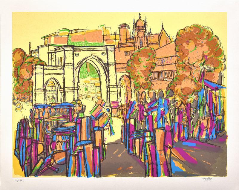 Cityscape serigraphs painting titled 'Panchkuva Darwaza', 24x30 inches, by artist Vrindavan Solanki on Paper