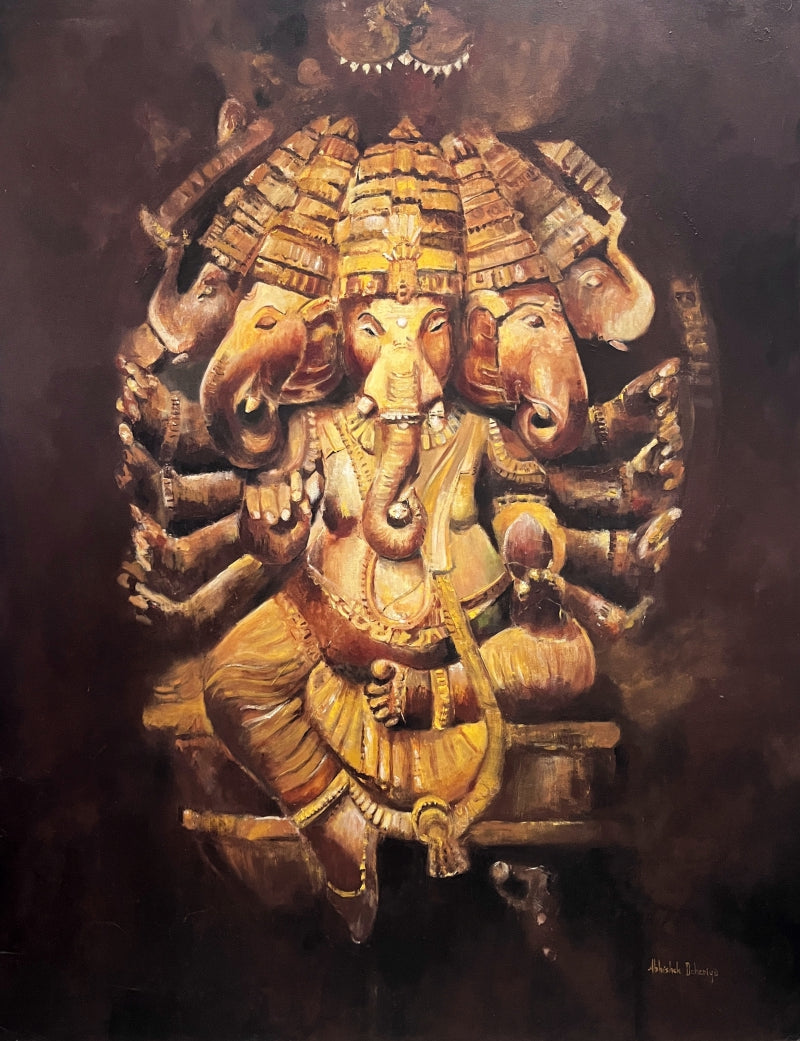 Panchmukhi Ganesha' religious oil painting by artist Abishek Deheria, 60x48 inch, on canvas