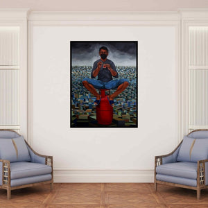 In-situ view of Neeraj Khandka's 'Pandemic Year 2020 (Life on Hold)' painting in a room