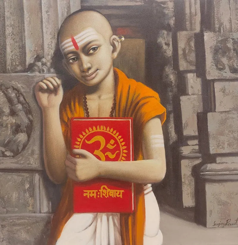 Religious acrylic painting titled 'Pandit With Book', 24x24 inch, by artist Sanjay Raut on Canvas