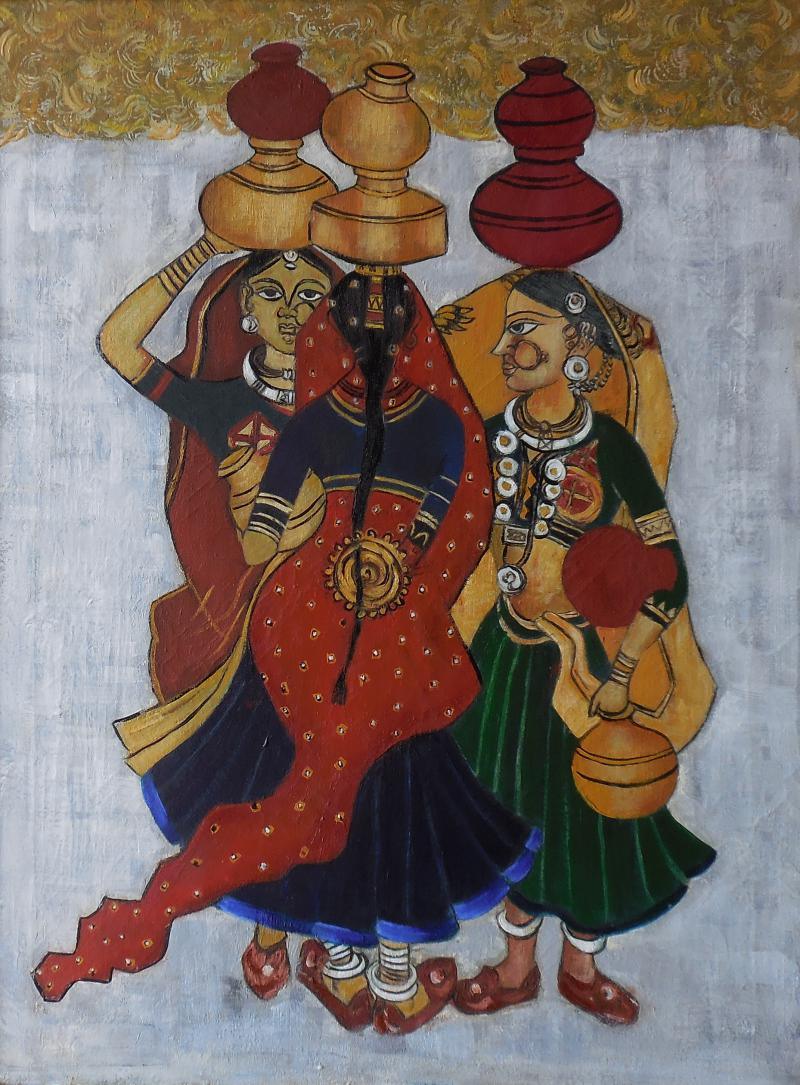 Figurative oil painting titled 'Panghat Gossip', 26x20 inches, by artist Kaladikam Arts on Canvas