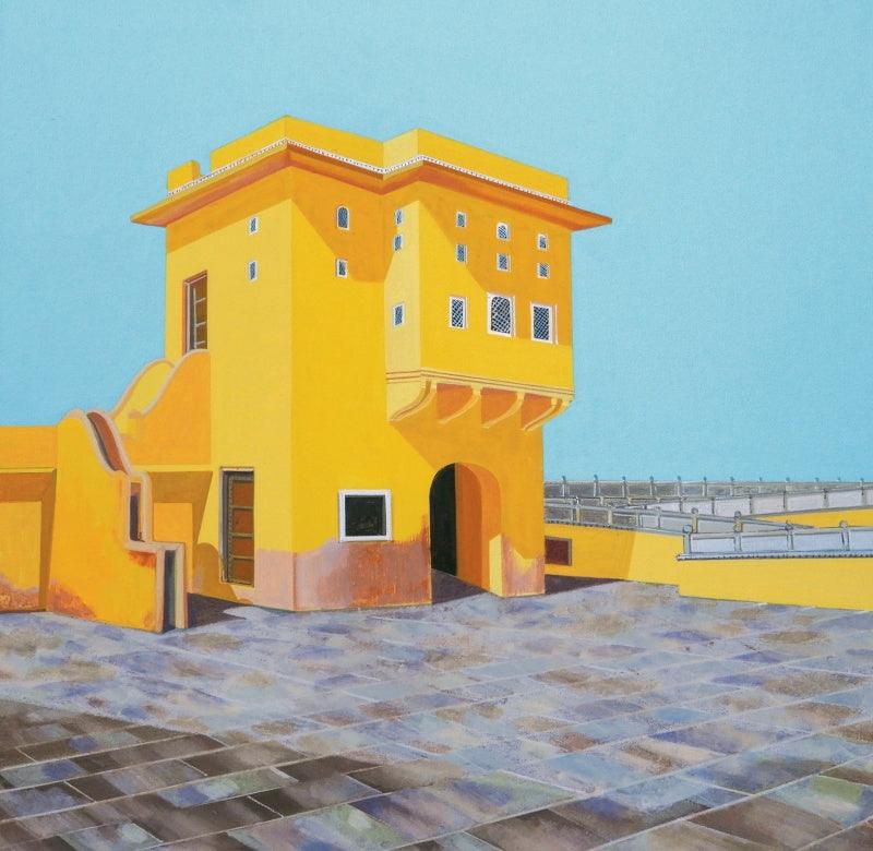 Cityscape acrylic painting titled 'Panna Meena Kund 2', 24x24 inches, by artist Ajay Mishra on Canvas