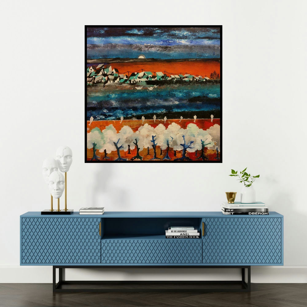 'Paper Boat (Twilight Serenity)' painting by Nishant Mishra shown on a wall in a furnished room.