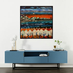 'Paper Boat (Twilight Serenity)' painting by Nishant Mishra shown on a wall in a furnished room.