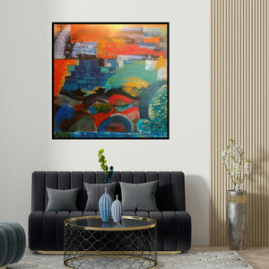 Nishant Mishra's 'Paperboat (Emergence)' painting visualized above a sofa in a contemporary room.