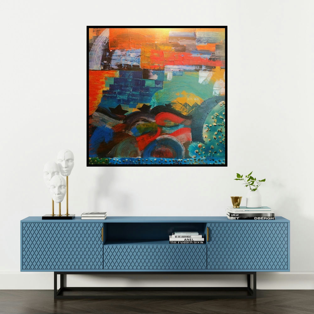 'Paperboat (Emergence)' painting by Nishant Mishra shown on a wall in a furnished room.