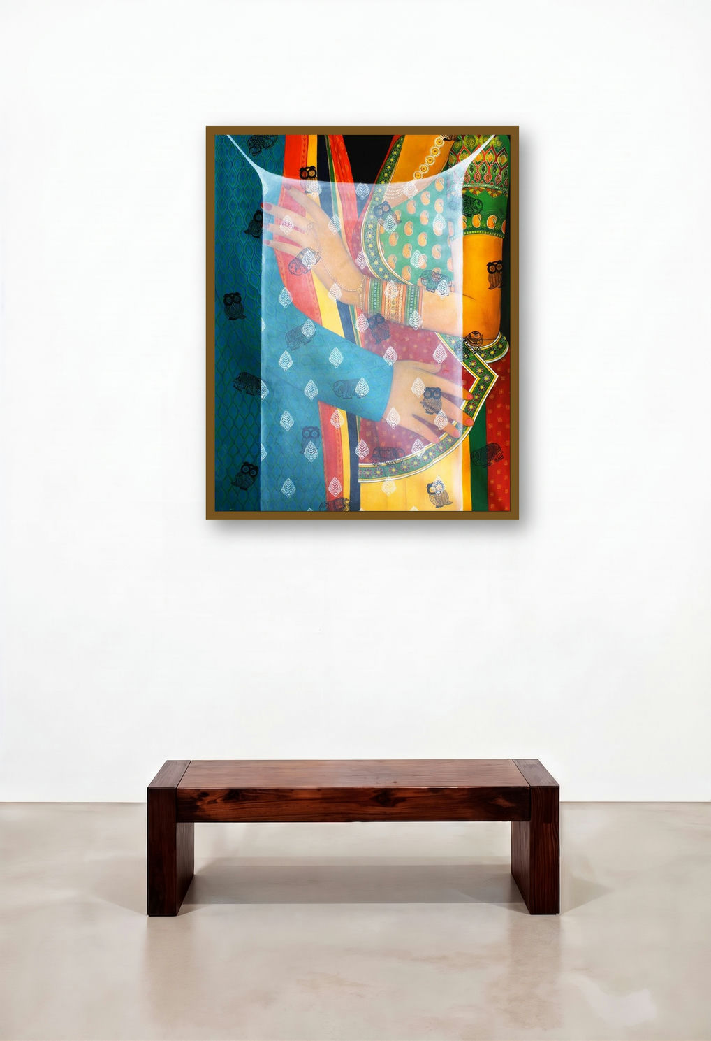 Pardey Mey Rahney Do 1 (Hidden Intimacy) by artist Meenakshi Jha Banerjee displayed in a Traditional Hallway